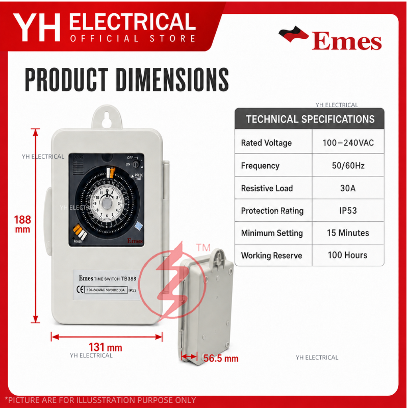 EMES TB388 Rainproof Mechanical Time Switch 30A 100-240VAC IP53 24 Hour Outdoor Timer - Image 2